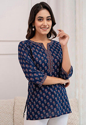 Printed Pure Cotton Kurti in Navy Blue