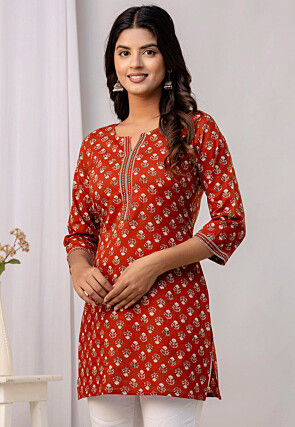 Printed Pure Cotton Kurti in Rust
