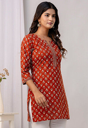 Printed Pure Cotton Kurti in Rust