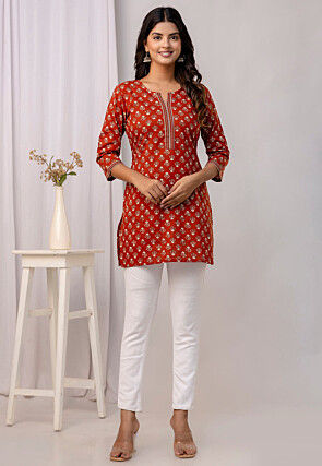 Printed Pure Cotton Kurti in Rust