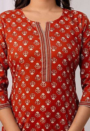 Printed Pure Cotton Kurti in Rust