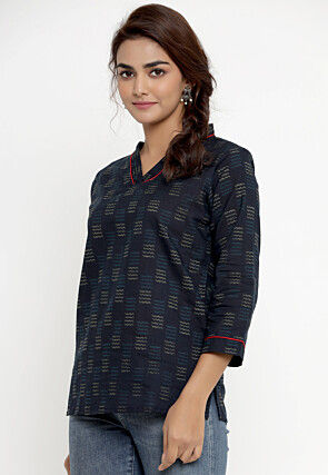 Printed Pure Cotton Kurti in Navy Blue