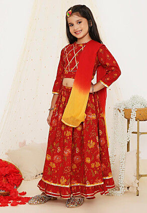 Printed Pure Cotton Lehenga in Maroon