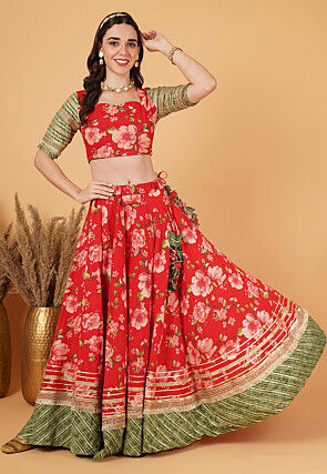 Printed Pure Cotton Lehenga in Red