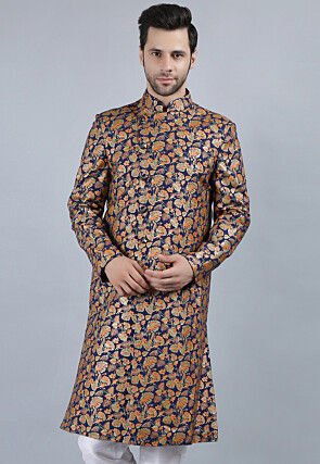 Printed Pure Cotton Long Jacket in Navy Blue