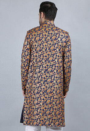 Printed Pure Cotton Long Jacket in Navy Blue