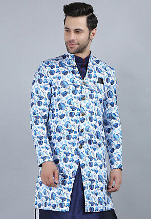 Printed Pure Cotton Long Jacket in White