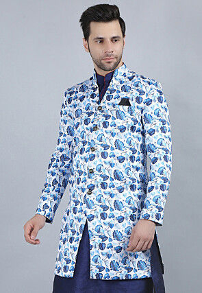 Printed Pure Cotton Long Jacket in White