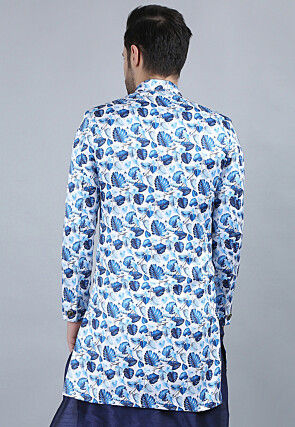 Printed Pure Cotton Long Jacket in White