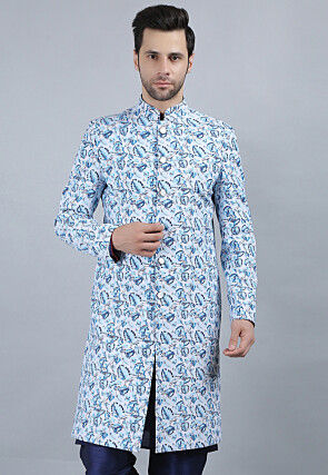 Printed Pure Cotton Long Jacket in White
