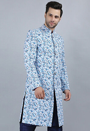 Printed Pure Cotton Long Jacket in White