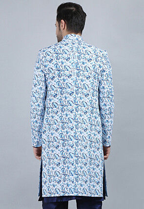 Printed Pure Cotton Long Jacket in White