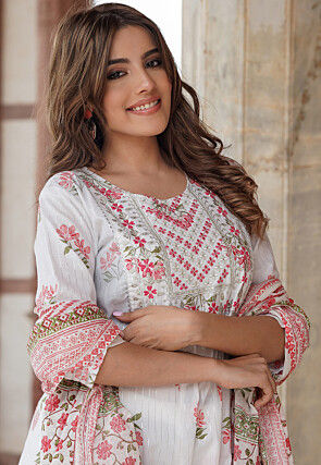 Printed Pure Cotton Lurex A Line Suit in White