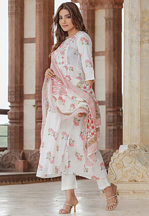 Printed Pure Cotton Lurex A Line Suit in White