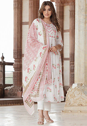 Printed Pure Cotton Lurex A Line Suit in White