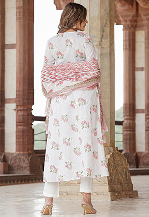 Printed Pure Cotton Lurex A Line Suit in White