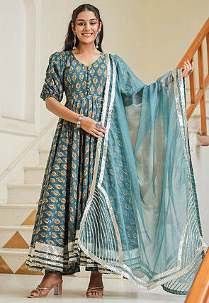 Printed Pure Cotton Lurex Abaya Style Suit in Dusty Blue