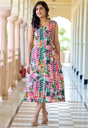 Printed Pure Cotton Lurex Aline Dress in Multicolor