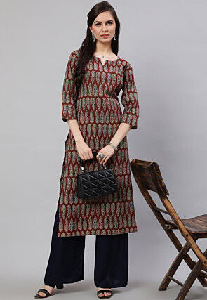 Printed Pure Cotton Lurex Straight Kurta in Dark Brown