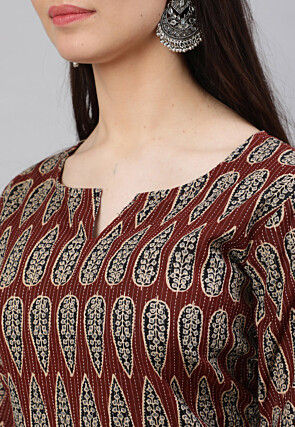 Printed Pure Cotton Lurex Straight Kurta in Dark Brown