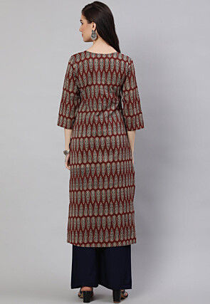Printed Pure Cotton Lurex Straight Kurta in Dark Brown