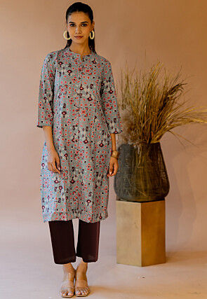 Printed Pure Cotton Lurex Straight Kurta in Grey