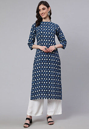 Printed Pure Cotton Lurex Straight Kurta in Navy Blue