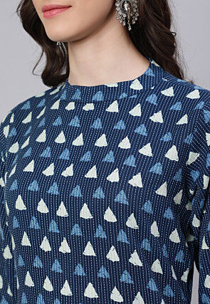 Printed Pure Cotton Lurex Straight Kurta in Navy Blue