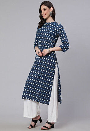 Printed Pure Cotton Lurex Straight Kurta in Navy Blue