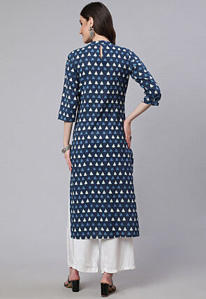 Printed Pure Cotton Lurex Straight Kurta in Navy Blue