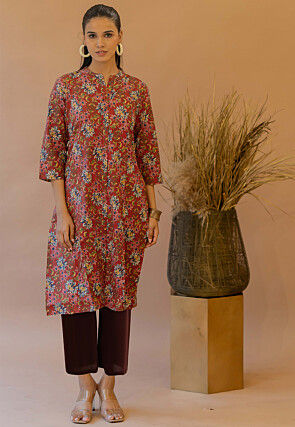 Printed Pure Cotton Lurex Straight Kurta in Red