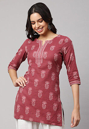 Printed Pure Cotton Lurex Straight Kurti in Old Rose