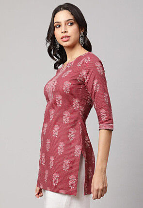 Printed Pure Cotton Lurex Straight Kurti in Old Rose