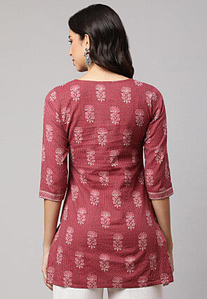 Printed Pure Cotton Lurex Straight Kurti in Old Rose