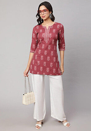 Printed Pure Cotton Lurex Straight Kurti in Old Rose