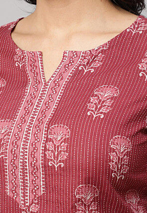 Printed Pure Cotton Lurex Straight Kurti in Old Rose