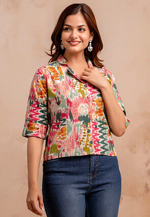 Printed Pure Cotton Lurex Top in Multicolor