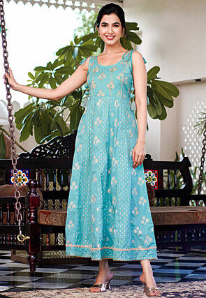 Printed Pure Cotton Maxi Dress in Light Teal Blue