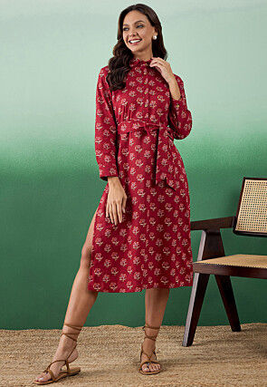 Printed Pure Cotton Midi Dress in Red