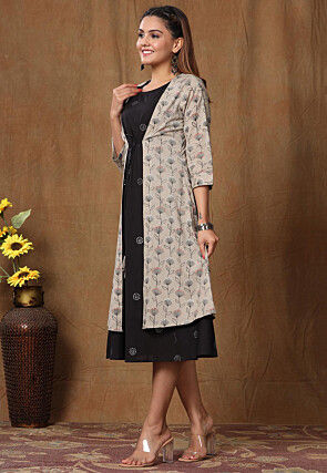 Printed Pure Cotton Midi Dress with Jacket in Black