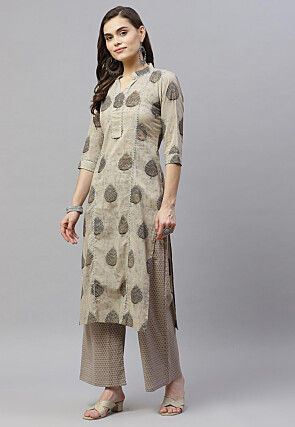 Printed Pure Cotton Pakistani Suit in Beige
