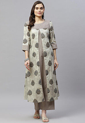 Printed Pure Cotton Pakistani Suit in Beige