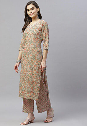 Printed Pure Cotton Pakistani Suit in Beige
