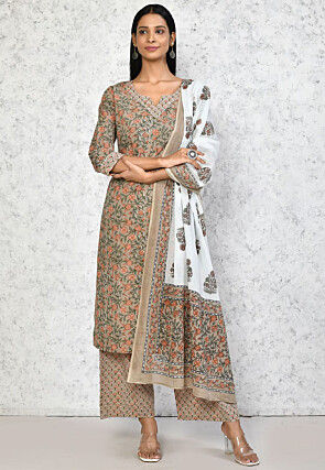 Printed Pure Cotton Pakistani Suit in Beige