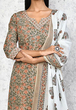 Printed Pure Cotton Pakistani Suit in Beige