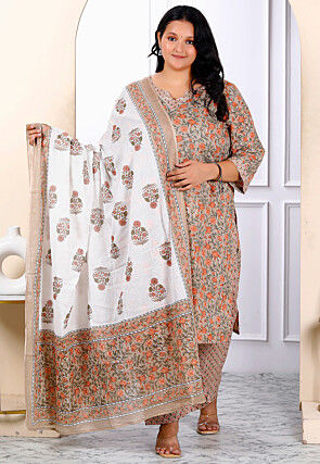 Printed Pure Cotton Pakistani Suit in Beige