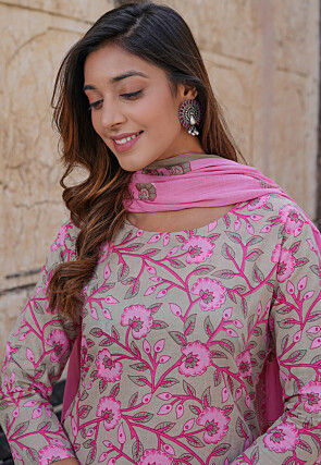 Printed Pure Cotton Pakistani Suit in Beige