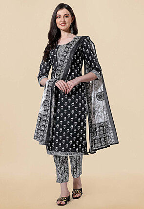 Printed Pure Cotton Pakistani Suit in Black