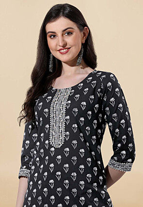 Printed Pure Cotton Pakistani Suit in Black
