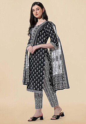 Printed Pure Cotton Pakistani Suit in Black